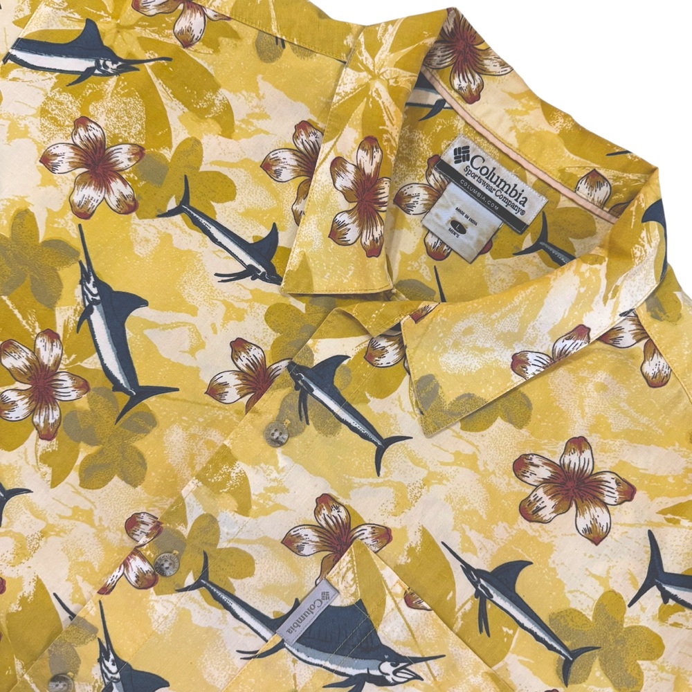 Columbia Yellow Blue Marlin Fish Print Cotton Short Sleeve Button up Shirt L